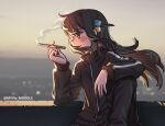  1girl alternate_costume alternate_hair_color black_hair black_pants black_track_suit blue_eyes bocchi_the_rock! cigar cigarette cube_hair_ornament gotoh_hitori hair_ornament highres holding holding_cigarette jacket long_hair morning myjet outdoors pants solo track_jacket track_pants 