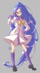  1girl blue_eyes blue_hair brown_footwear cure_diamond dokidoki!_precure dress full_body grey_background high_ponytail highres hishikawa_rikka jj_(ssspulse) long_hair neckerchief oogai_daiichi_middle_school_uniform ponytail precure purple_sailor_collar purple_socks sailor_collar school_uniform smile socks solo white_dress yellow_neckerchief 