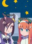  2girls air_groove_(umamusume) animal_ears bow bowtie brown_hair character_name crescent_moon ear_bow ear_covers ears_back green_eyes hairband highres horse_ears horse_girl horseshoe_ornament jacket long_hair meme moon multiple_girls night orange_hair puffy_short_sleeves puffy_sleeves purple_bow purple_bowtie purple_serafuku purple_shirt sailor_collar sailor_shirt school_uniform serafuku shirt short_hair short_sleeves silence_suzuka_(umamusume) sugamo_(rainysnowy108) talking_cats_(meme) tracen_school_uniform tracen_training_uniform track_jacket umamusume upper_body white_hairband 