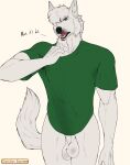 absurd_res annoyed anthro athletic athletic_anthro athletic_male balls bodily_fluids bottomless canid canine canis clothed clothing clothing_pull depictionexpress dialogue english_text exposed_testicle facial_hair genitals goatee green_clothing heat_(temperature) hi_res hot_temperature humanoid_genitalia humanoid_hands humanoid_penis male male_focus mammal mostly_nude mostly_nude_anthro mostly_nude_male muscular muscular_anthro muscular_male nonchalant pantsless pantsless_anthro pantsless_male penis print_clothing print_shirt print_topwear saggy_balls shirt shirt_only shirt_pull simple_background solo solo_focus sweat sweaty_clothing sweaty_shirt sweaty_topwear talking_to_viewer text top_k_(depiction_express) topwear topwear_only topwear_pull walking walking_towards_viewer wolf