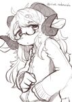  5_fingers anthro artist_name blush bovid caprine clothed clothing eyewear female female_anthro fingers fully_clothed glasses goat hair horn kemono long_hair long_sleeve_shirt looking_at_viewer mammal nakamura neck_tuft simple_background solo standing tuft white_background 