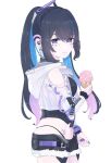  1girl black_hair black_shirt black_shorts clothing_cutout colored_inner_hair earrings gradient_hair grey_jacket highleg highleg_panties highres holding holding_ice_cream_cone ice_cream_cone idol jacket jewelry leeum8s long_hair long_sleeves looking_at_viewer midriff multicolored_hair navel official_alternate_costume official_alternate_hairstyle panties ponytail punishing:_gray_raven purple_eyes purple_hair selena_(punishing:_gray_raven) shirt short_shorts shorts shoulder_cutout sidelocks solo star_(symbol) stomach_tattoo tattoo underwear white_background 
