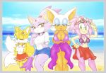  amy_rose beach blaze_the_cat breasts canid canine cleavage clothed clothing crossgender dress eyes_closed felid feline invalid_color invalid_tag looking_at_viewer mammal michiyoshi miles_prower rouge_the_bat seaside sonic_(series) swimwear 