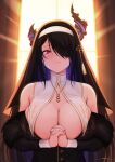  1girl alternate_costume asymmetrical_horns black_bra black_hair black_veil blue_hair bra breasts closed_mouth colored_inner_hair demon_horns habit hair_over_one_eye highres hololive hololive_english horns interlocked_fingers jewelry large_breasts looking_at_viewer multicolored_hair necklace nerissa_ravencroft nun solo tassel two-tone_hair underwear uneven_horns unsfrau upper_body veil virtual_youtuber 