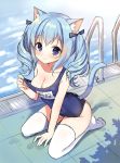  1girl animal_ear_fluff animal_ears bangs bare_arms bare_shoulders between_legs blue_hair blue_swimsuit blush bow breasts cat_ears cat_girl cat_tail cleavage closed_mouth collarbone commentary_request copyright_request covered_navel eyebrows_visible_through_hair hair_between_eyes hair_bow hand_between_legs mauve medium_breasts no_shoes old_school_swimsuit one-piece_swimsuit pool poolside pulled_by_self purple_bow purple_eyes ringlets school_swimsuit seiza sidelocks sitting smile solo strap_pull swimsuit tail tail_raised thighhighs twintails water white_legwear 