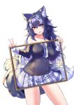  1girl absurdres animal_ear_fluff animal_ears bangs bare_legs blue_eyes blue_hair boy_(pixiv17542438) breast_pocket breasts buttons collarbone covering cowboy_shot eyebrows_visible_through_hair fang gloves grey_wolf_(kemono_friends) hair_between_eyes hands_up heterochromia highres jacket kemono_friends long_hair long_sleeves looking_at_viewer multicolored_hair necktie nude open_mouth plaid plaid_neckwear plaid_skirt pocket simple_background skirt smile solo standing tail two-tone_hair v white_background white_gloves white_hair wolf_ears wolf_girl wolf_tail yellow_eyes 