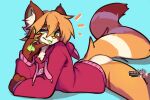  ailurid anthro butt clothing fur hi_res hoodie lying male mammal messypanda on_front orange_body orange_fur red_panda solo stripes tail tongue tongue_out topwear torkle 