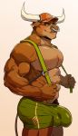  2019 abs anthro balls biceps blush bovid bovine bulge cattle clothed clothing digital_media_(artwork) hair horn humanoid looking_at_viewer male mammal muscular muscular_male nipples pecs penis rsotart simple_background smile solo standing 