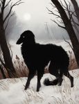  absurd_res ambiguous_gender black_fur canid canine canis dappermouth detailed_background digital_media_(artwork) domestic_dog feral fur glowing glowing_eyes hi_res looking_at_viewer mammal outside power_lines shadow_animals_by_jemma_barton snow solo tree 