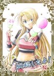  1girl blonde_hair blue_eyes closed_mouth crop_top dango densetsu_no_yuusha_no_densetsu ferris_eris fingerless_gloves floating_hair food gloves head_tilt holding holding_food long_hair looking_at_viewer midriff navel outstretched_arm pink_skirt red_gloves short_sleeves skirt solo standing stomach taisei_yamachi very_long_hair wagashi 