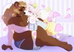  2023 anthro bear big_breasts bottomwear breasts cleavage clothed clothing curled_hair eyes_closed female female/female ferwanwan giraffe giraffid hair heart_symbol hi_res kissing_nose mammal overweight overweight_female pastel_theme paws romantic romantic_couple shirt shorts tail topwear 