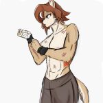  absurd_res adjusting_clothing anthro bandage bottomwear breasts brown_hair capngoku clothing felid feline female hair hi_res mammal shorts solo tan_body unknown_character wristband 