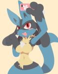  absurd_res anthro blue_fur blush breasts fangs featureless_breasts female fur hi_res lucario nintendo nyaswitchnya open_mouth phone pok&eacute;mon pok&eacute;mon_(species) red_eyes selfie simple_background smile solo spikes video_games yellow_fur 