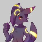  2023 5_fingers anthro anthrofied arm_tuft black_body black_eyes black_fur black_hair black_nose blush blush_lines canid cheek_tuft chest_tuft closed_frown digital_media_(artwork) dranoko eeveelution elbow_tuft eyebrows facial_tuft fan_character featureless_chest femboy fingers fist fur generation_2_pokemon grey_background hair hair_over_eye half-length_portrait hi_res looking_at_viewer male mammal markings navel nintendo nude one_eye_obstructed pokemon pokemon_(species) pokemorph portrait pupils raised_tail red_sclera simple_background slit_pupils smokey_(dranoko) snaggle_tooth snout solo tail three-quarter_view tuft umbreon yellow_body yellow_fur yellow_markings 