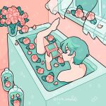  1boy aqua_eyes aqua_hair bathroom bathtub commentary completely_nude crossed_legs curtains emily_kim english_commentary expressionless fingernails flower full_body glass_bottle hair_between_eyes handheld_game_console holding holding_handheld_game_console indoors instagram_username leaf male_focus nintendo_ds nude original partially_submerged petals pink_background pink_flower pink_rose playing_games rose rose_petals short_hair solo sparkle toes vase water window 