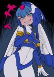  1girl absurdres android armor blue_armor blue_eyes blue_helmet blue_sleeves blue_vest blush boots breasts buzzlyears covered_navel cowboy_shot crop_top crotch_plate detached_sleeves fairy_leviathan_(mega_man) forehead_jewel grey_background helmet highres looking_at_viewer medium_breasts mega_man_(series) mega_man_zero_(series) sharp_teeth simple_background smile smug solo teeth thigh_boots vest 