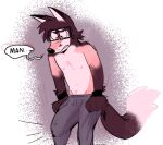  anthro big_penis bottomwear brown_body brown_fur bulge canid canine clothed clothing detailed_bulge dialogue erection eyewear fur genital_outline genitals glasses male mammal pants partially_clothed penis penis_outline purplecider rectangular_glasses shirtless solo tail text 
