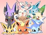  :d black_eyes black_sclera blue_sclera blush brown_sclera closed_eyes closed_mouth colored_sclera commentary_request eevee espeon fang flareon full_body glaceon jolteon leafeon lets0020 looking_at_viewer no_humans one_eye_closed open_mouth pink_background pokemon pokemon_(creature) red_sclera smile sylveon umbreon vaporeon white_eyes 