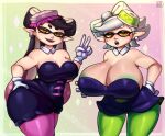  2024 5_fingers accessory animal_humanoid areola artist_name bare_shoulders big_breasts big_butt black_hair breast_size_difference breasts bubble_butt butt butt_grab callie_(splatoon) cephalopod cephalopod_humanoid cleavage clothed clothing curvy_figure digital_drawing_(artwork) digital_media_(artwork) domino_mask dress duo ear_piercing ear_ring eyemask eyewear facial_markings fangs female fingers gesture gloves grabbing_own_butt green_areola green_clothing green_legwear green_thigh_highs hair hair_accessory half-closed_eyes hand_gesture hand_on_butt hand_on_own_butt handwear head_markings hi_res hoop_ear_ring huge_breasts huge_butt humanoid humanoid_pointy_ears inkling legwear light-skinned_female light_body light_skin long_hair looking_at_viewer madheaven mammal marie_(splatoon) marine marine_humanoid markings mask mask_(marking) mole_(marking) mole_under_eye mollusk mollusk_humanoid multicolored_hair narrowed_eyes nintendo not_furry open_mouth open_smile orange_eyes piercing pink_clothing pink_legwear pink_thigh_highs portrait pose pseudo_hair purple_hair ring_piercing shirt_collar short_hair smile smiling_at_viewer splatoon squid_sisters_(splatoon) standing teeth tentacle_hair tentacles thick_thighs thigh_highs three-quarter_portrait two_tone_hair v_sign voluptuous white_clothing white_gloves white_hair white_handwear wide_hips 