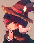  1girl absurdres animal animal_on_shoulder bangs bird blush bob_cut cloak closed_mouth commentary_request danganronpa dove finger_to_mouth food fruit hair_ornament hat hat_feather highres huge_filesize long_sleeves looking_at_viewer manino_(mofuritaionaka) new_danganronpa_v3 orange portrait red_hair red_headwear short_hair signature solo swept_bangs witch_hat yumeno_himiko 