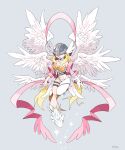  1girl angel angel_wings angewomon artist_name belt blonde_hair breasts chibi cleavage clothing_cutout commentary_request covered_eyes digimon digimon_(creature) elbow_gloves feathered_wings full_body gloves hagoromo helmet helmet_over_eyes highres long_hair medium_breasts mimi_02525 multiple_wings o-ring ribbon shawl signature simple_background single_glove solo sparkle stomach_cutout white_gloves white_wings winged_gloves wings 