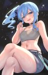  1girl absurdres aoi_zerii bare_shoulders black_choker blue_eyes blue_hair blue_ribbon blush breasts choker hair_between_eyes hair_ribbon highres hololive hoshimachi_suisei looking_at_viewer medium_breasts medium_hair navel open_mouth ribbon side_ponytail smile solo star_(symbol) star_in_eye symbol_in_eye thighs virtual_youtuber wet 