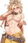  1girl abs anisdrawn belt belt_buckle black_belt blonde_hair blue_eyes blush braid breasts brown_jacket buckle cropped_jacket cropped_torso english_commentary freckles gemma_(monster_hunter_wilds) goggles goggles_around_neck grin high_ponytail highres jacket large_breasts long_hair monster_hunter_(series) monster_hunter_wilds navel off_shoulder pants smile solo thick_eyebrows underboob white_background yellow_pants 