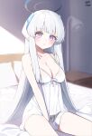  1girl bed blue_archive breasts cleavage closed_mouth collarbone commentary dated dress halo headgear highres indoors lamp long_hair looking_at_viewer mechanical_halo medium_breasts myeolchi noa_(blue_archive) on_bed pillow purple_eyes thighs white_dress white_hair 
