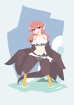  1girl animal_ears bare_shoulders big_o_pants bikini bird_ears bird_legs black_bikini black_feathers black_wings blush_stickers breasts cleavage commentary_request feathers fio-chan_(big_o_pants) frilled_bikini frills harpy highres large_breasts long_hair looking_at_viewer midriff monster_girl navel open_mouth original partially_submerged red_eyes red_hair solo swimsuit winged_arms wings 