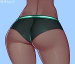  1girl artist_name ass ass_focus black_bikini_bottom blue_background contrapposto dark_skin from_behind lower_body shellvi solo sports_bikini thighs 