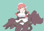  1girl animal_ears apron big_o_pants bird_ears bird_legs black_feathers black_wings blue_background blush bow bow_panties breasts commentary_request feather_fingers feathers fio-chan_(big_o_pants) harpy large_breasts long_hair maid maid_headdress monster_girl open_mouth original panties red_eyes red_hair simple_background solo underwear upskirt waist_apron white_panties winged_arms wings 