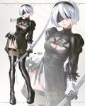  1girl 2b_(nier:automata) absurdres black_blindfold black_dress black_footwear black_gloves black_hairband blindfold boots breasts character_name cleavage dress feather-trimmed_sleeves gloves hairband highres holding holding_sword holding_weapon juliet_sleeves leotard leotard_under_clothes long_sleeves mole mole_under_mouth nier:automata nier_(series) puffy_sleeves short_hair solo sword thigh_boots waligner weapon white_hair 