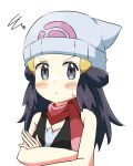  1girl annoyed black_dress black_eyes black_hair blush_stickers closed_mouth cocoa_(p_cocoa_f) crossed_arms dawn_(pokemon) dress eyelashes hair_ornament hairclip hat highres long_hair looking_at_viewer pokemon pokemon_dppt red_scarf scarf sleeveless sleeveless_dress solo upper_body 