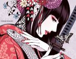  1girl black_hair brown_eyes bug butterfly commentary english_commentary eyelashes eyeliner flower from_side grey_background hair_flower hair_ornament holding holding_sword holding_weapon japanese_clothes katana kimono long_hair looking_at_viewer makeup neck_tattoo original parted_lips red_eyeliner red_lips snake sword takanashi_shin tattoo weapon 