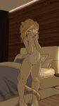 absurd_res anthro bed blonde_hair domestic_cat eyes_closed felid feline felis female furniture hair hi_res mammal markings mr._woland nude_female shy solo striped_markings striped_tail stripes tail tail_markings yellow_body 