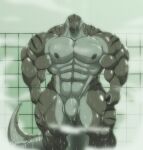  2023 abs anthro balls bathing big_balls big_muscles big_penis black_claws claws dinosaur dromaeosaurid extinct genitals green_body hi_res huge_muscles looking_at_genitalia looking_at_penis looking_down male markings muscular muscular_anthro muscular_male nipples nude pecs penis prehistoric_species reptile scalie shower showering solo steam striped_markings stripes tail teeth theropod water water_on_body xxsparcoxx yellow_eyes 