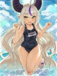  1girl absurdres ahoge alternate_breast_size alternate_costume bare_arms bare_legs bare_shoulders big_hair bird black_horns blue_one-piece_swimsuit blue_sky blurry blurry_background braid braided_bangs breasts cloud cloudy_sky commentary covered_navel crow crow_(la+_darknesss) day demon_girl demon_horns diffraction_spikes english_commentary feet foot_out_of_frame grey_hair hair_between_eyes hands_up highres hololive horns la+_darknesss lens_flare light_blush light_rays long_hair looking_at_viewer medium_breasts minus_zero69 multicolored_hair name_tag ocean old_school_swimsuit one-piece_swimsuit open_mouth outdoors pointy_ears purple_hair purple_horns sailing_ship sandals school_swimsuit sky smile solo standing standing_on_one_leg streaked_hair striped_horns sun sunbeam sunlight swimsuit teeth thighs toes very_long_hair virtual_youtuber wading water wet yellow_eyes 