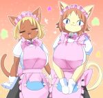  &lt;|&gt;_&lt;|&gt; 2girls :3 animal_ears apron black_skirt blonde_hair blue_eyes blush_stickers bow bowtie breasts brown_hair cat_ears cat_girl cat_tail character_request closed_eyes closed_mouth collared_shirt commentary_request cowboy_shot dark_skin gloves heybot! large_breasts lets0020 looking_at_viewer maid multiple_girls open_mouth pink_apron pink_bow pink_bowtie puffy_short_sleeves puffy_sleeves shirt short_bangs short_hair short_sleeves skirt smile sparkle tail white_gloves white_shirt yellow_skirt 