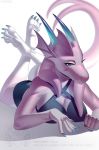  anthro breasts clothed clothing dragon female hi_res horn kuroame lying on_front simple_background solo watermark white_background 