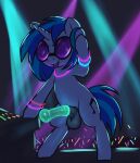  absurd_res balls condom disc_jockey equid equine erection friendship_is_magic genitals glowing hasbro hi_res horn horse mammal my_little_pony mythological_creature mythological_equine mythology pony public rave sexual_barrier_device t72b teeth tongue tongue_out unicorn vinyl_scratch_(mlp) 