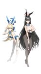  2girls absurdres animal_ears ass bare_shoulders black_hair black_pantyhose blonde_hair blue_archive blue_eyes blue_hair bow bowtie breasts cleavage commentary covered_navel detached_collar earpiece english_commentary fake_animal_ears full_body hair_ornament hairclip halo highres large_breasts leaning_forward long_hair looking_at_viewer multicolored_hair multiple_girls no_shoes pantyhose playboy_bunny rabbit_ears rabbit_tail red_eyes reyalp rio_(blue_archive) simple_background streaked_hair tail thighhighs toki_(blue_archive) toki_(bunny)_(blue_archive) two-tone_hair v white_background white_thighhighs wrist_cuffs 