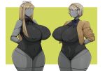  atomic_heart big_breasts black_body border breasts duo female glistening glistening_body green_background grey_body hands_behind_back hi_res huge_breasts humanoid machine navel nipple_outline robot simple_background standing thick_thighs white_border wide_hips zeruxu 