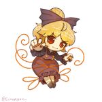  1girl :3 absurdres blonde_hair brown_dress chibi closed_mouth dress full_body green_tea_reimu highres kurodani_yamame long_sleeves red_eyes red_nails short_hair simple_background solo touhou twitter_username v-shaped_eyebrows white_background 