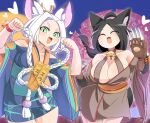  2girls :d ahoge animal_ear_fluff animal_ears bell black_hair blue_background blue_kimono blush breasts brown_dress cat_ears cat_girl cat_tail character_request cherry_blossom_print claws cleavage closed_eyes coin commentary_request cowboy_shot dress fang floral_print gold green_eyes japanese_clothes jingle_bell kimono koban_(gold) kyuumei_neko_(onmyoji) large_breasts lets0020 long_hair looking_at_viewer medium_breasts multiple_girls neck_bell obi off-shoulder_dress off_shoulder oil-paper_umbrella onmyoji open_mouth parted_bangs paw_pose rope sash shimenawa short_hair smile tail topknot umbrella v-shaped_eyebrows whiskers white_hair wide_sleeves yellow_sash 