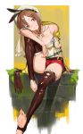  1girl atelier_(series) atelier_ryza bangs belt blush breasts brown_eyes brown_hair chinese_commentary cleavage commentary full_body grin hat highres jewelry large_breasts leg_up looking_at_viewer necklace red_shorts reisalin_stout round-bottom_flask short_shorts shorts sitting smile solo star star_necklace thighhighs thighs toeless_legwear tommy830219 white_headwear 