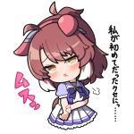  1girl animal_ears blush breasts brown_hair chibi cropped_legs dantsu_flame_(umamusume) high_ponytail horse_ears horse_girl horse_tail long_hair looking_at_viewer medium_breasts multicolored_hair no_nose parted_bangs pleated_skirt pout puff_of_air puffy_short_sleeves puffy_sleeves purple_shirt raised_eyebrows school_uniform shirt short_sleeves simple_background skirt solo streaked_hair tail tracen_school_uniform umamusume warashi white_background white_hair white_shirt white_skirt 
