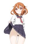  1girl ass_visible_through_thighs black_skirt breasts brown_eyes brown_hair clothes_lift fang hair_ornament hairclip highres ikazuchi_(kancolle) kantai_collection lifting_own_clothes long_sleeves looking_at_viewer miniskirt neckerchief panties pleated_skirt red_neckerchief school_uniform serafuku shirt short_hair simple_background skin_fang skirt skirt_lift small_breasts smile solo tetsuryuu underwear white_background white_panties white_shirt 