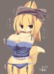  1girl animal_ears blonde_hair breasts brown_eyes brown_sweater camisole cleavage colored_skin commentary_request cowboy_shot dressing fox_ears fox_girl fox_tail frilled_camisole frilled_panties frills furry furry_female grey_background grey_camisole grey_panties large_breasts lets0020 long_hair looking_at_viewer medium_bangs one-hour_drawing_challenge open_mouth original panties simple_background solo sweater tail translation_request underwear yellow_skin 