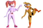  2019 3d_(artwork) absurd_res animatronic anthro baby_(fnafsl) big_breasts blush breasts chica_(fnaf) digital_media_(artwork) duo female five_nights_at_freddy&#039;s green_eyes hair hi_res humanoid looking_at_viewer machine nipples not_furry nude open_mouth pussy pussy_juice robot sister_location smile thebunwiththescarf video_games 
