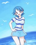  0h_my_god 1girl ann_(romance_dawn) blue_eyes blue_hair blue_skirt blue_sky commentary_request hand_on_own_hip highres light_blue_hair looking_at_viewer miniskirt ocean open_mouth shirt skirt sky smile solo striped_clothes striped_shirt teeth upper_teeth_only 